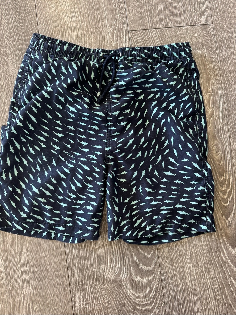 Kids Black Swim Trunks with Mint Shark Pattern
